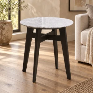 Round White Marble Side Table on Black Wood Tripod in ivory — front view