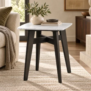 Square White Marble Side Table on Black Wood Base, 45 cm in ivory — front view