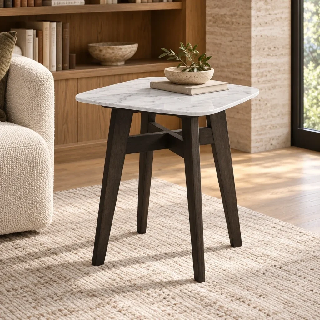 Square White Marble Side Table on Black Wood Base, 45 cm in ivory — in a room setting