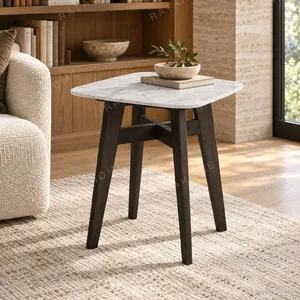 Square White Marble Side Table on Black Wood Base, 45 cm in ivory — in a room setting