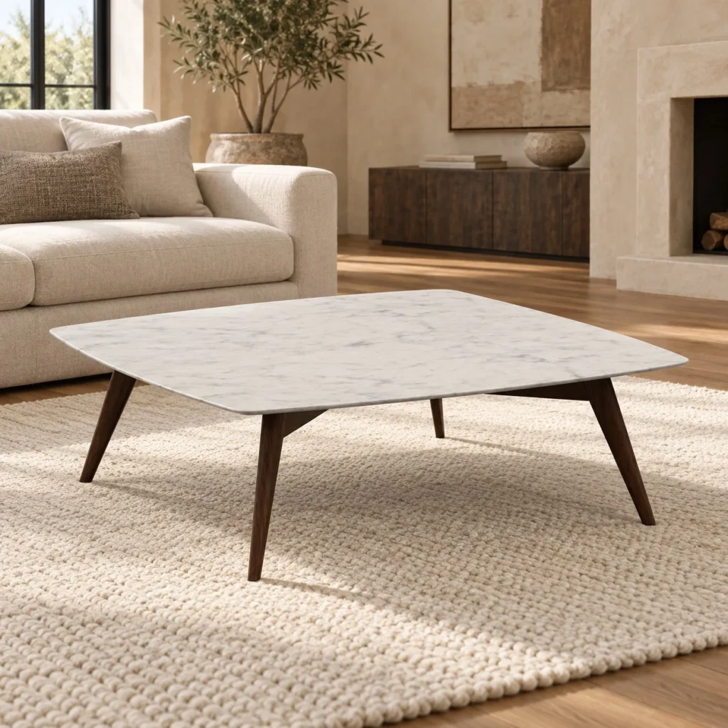 Square White Marble Coffee Table in ivory — front view