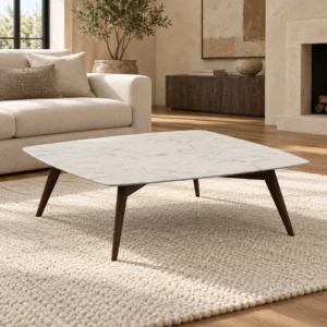 Square White Marble Coffee Table in ivory — in a room setting