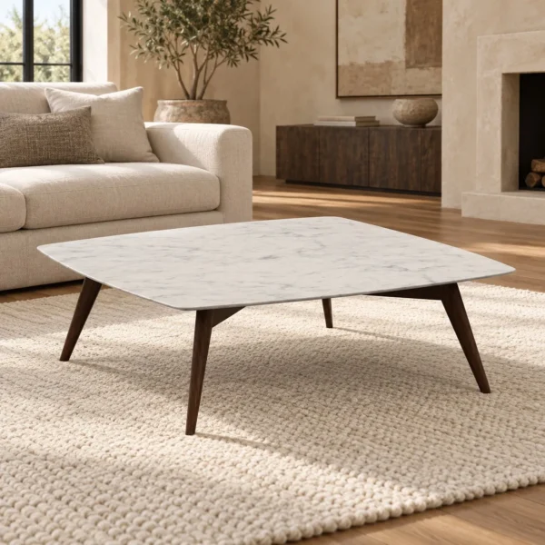 Square White Marble Coffee Table in ivory — in a room setting