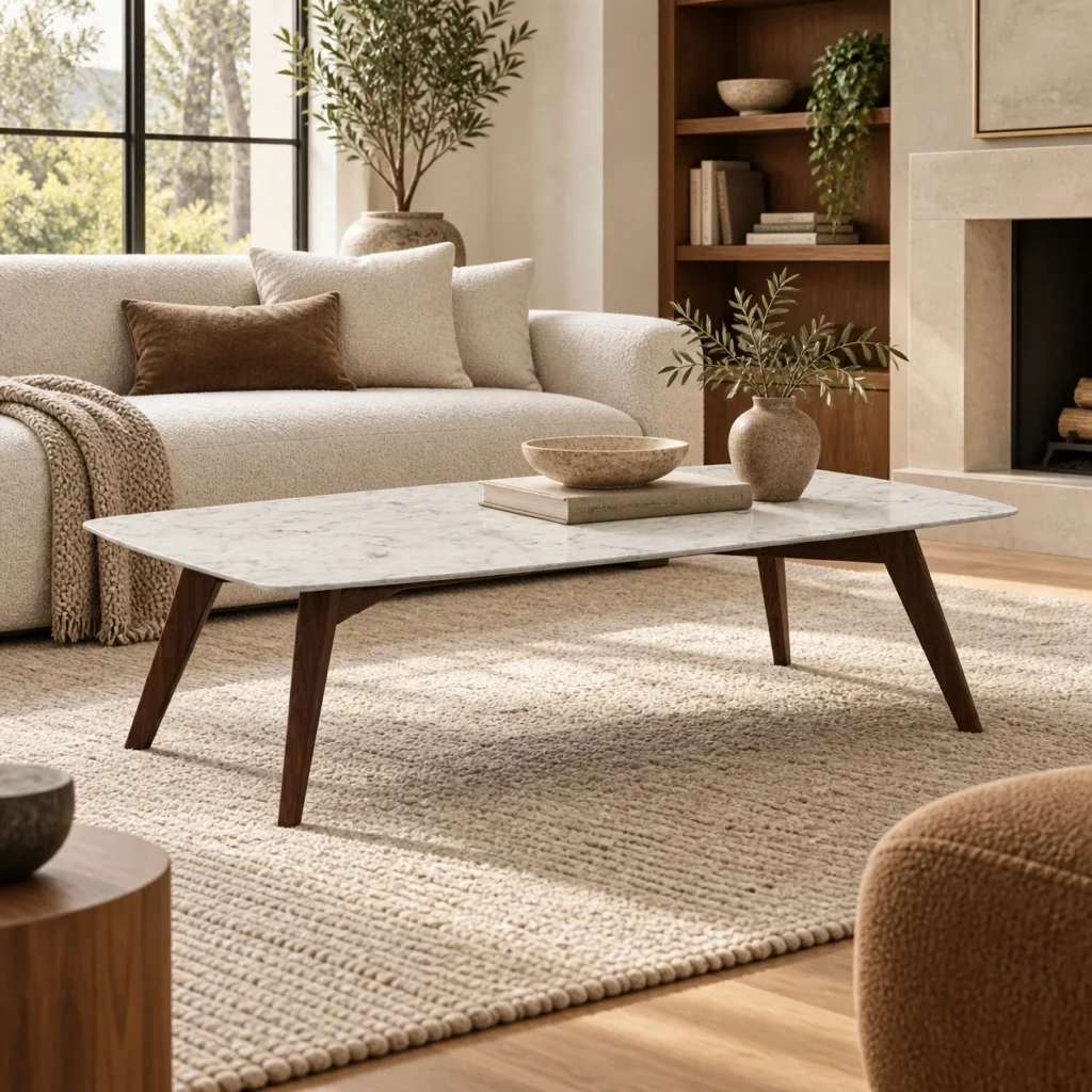 Rectangular White Marble Coffee Table in ivory — front view