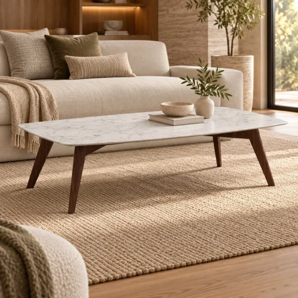 Rectangular White Marble Coffee Table in ivory — in a room setting