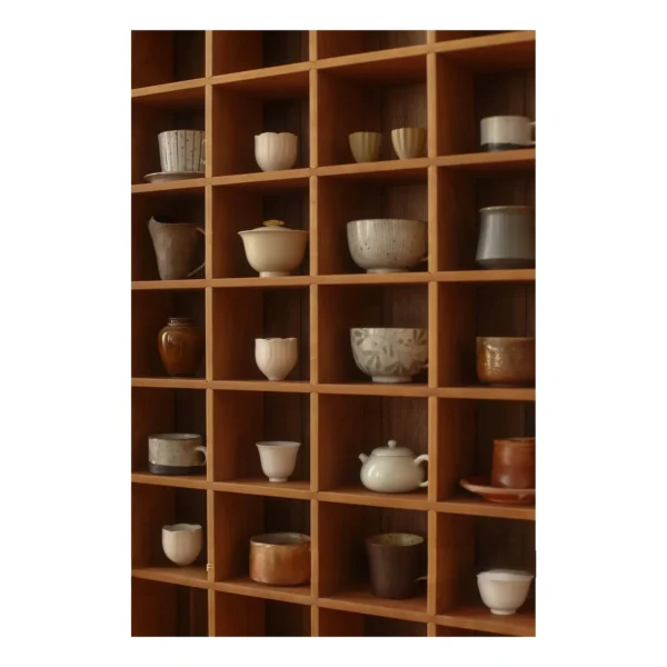 Walnut Collector's Cabinet with Grid Display and Drawers in clay — in a room setting