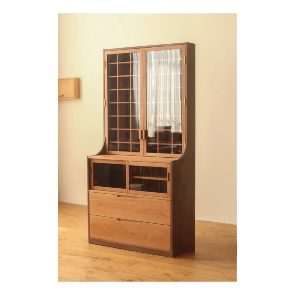Walnut Collector's Cabinet with Grid Display and Drawers in clay — in a room setting
