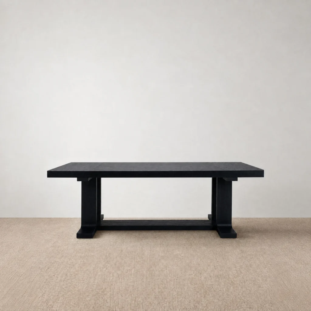 Colonie Black Brushed Oak Dining Table on Trestle Base in black — front view