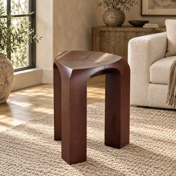 Dark Wood Arched Stool Side Table in walnut — in a room setting