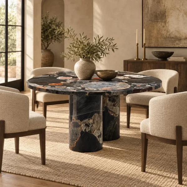 Liucai Multicoloured Agate Round Table in black — in a room setting