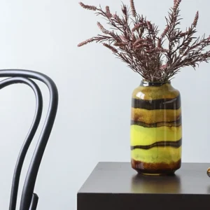 Colourful Banded Glass Vase in mustard — front view