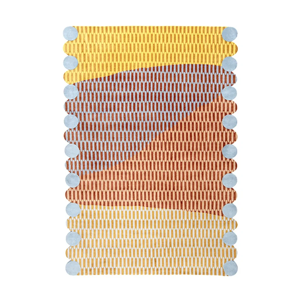 Colourful Linear Woven Rug with Bobble Edges in mustard — front view