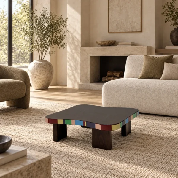 Colourful Striped Edge Mid-Century Coffee Table in black — in a room setting