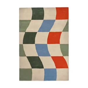 Colourful Wavy Checkerboard Rug in Green, Blue and Orange — front view