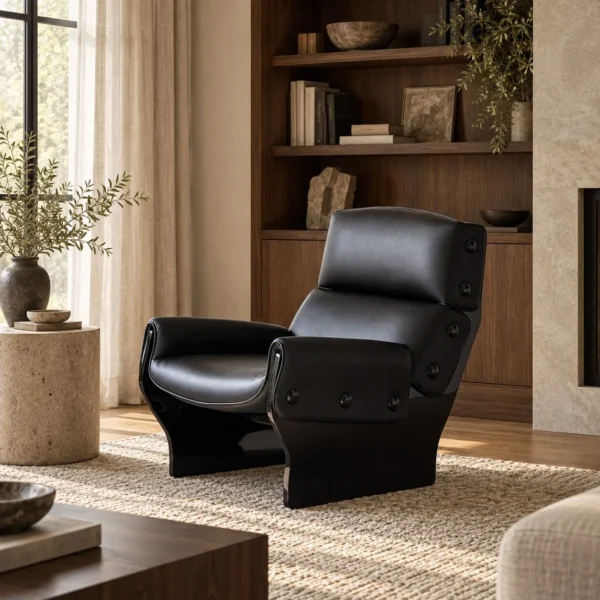 Matte Black Leather Study Lounge Chair with Metal Studs in black — in a room setting