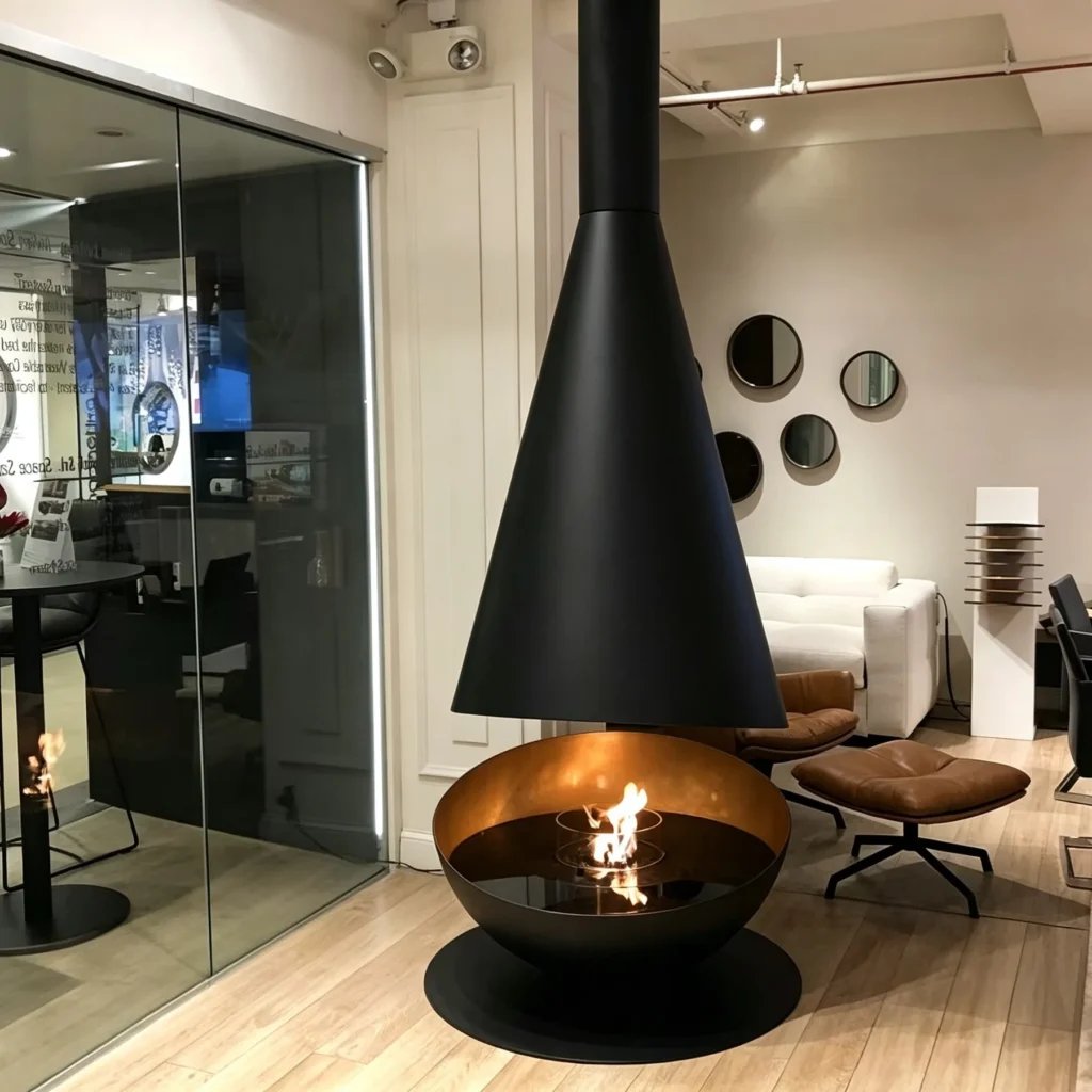 Cone Suspended Bio-Ethanol Fireplace with Floor Bowl in black — front view