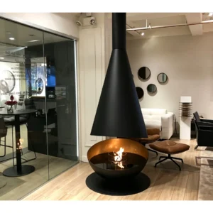 Cone Suspended Bio-Ethanol Fireplace with Floor Bowl in black — in a room setting