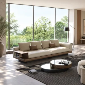 Connelly Full-Grain Leather Sofa with Flip-Top Side Panels in oatmeal — front view