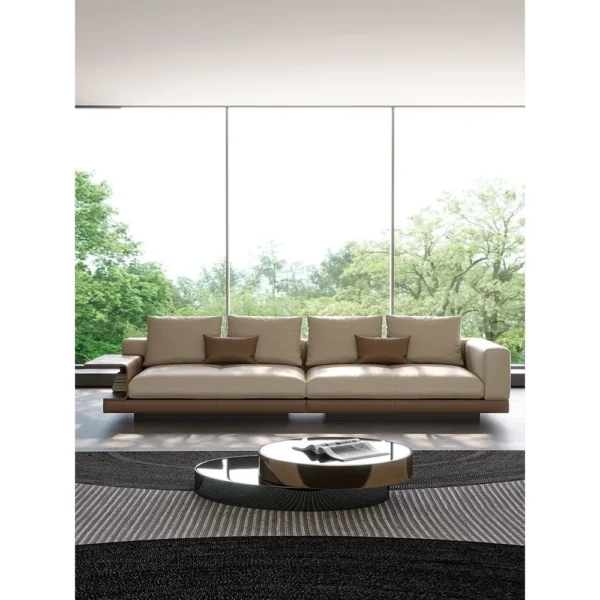Connelly Full-Grain Leather Sofa with Flip-Top Side Panels in oatmeal — in a room setting