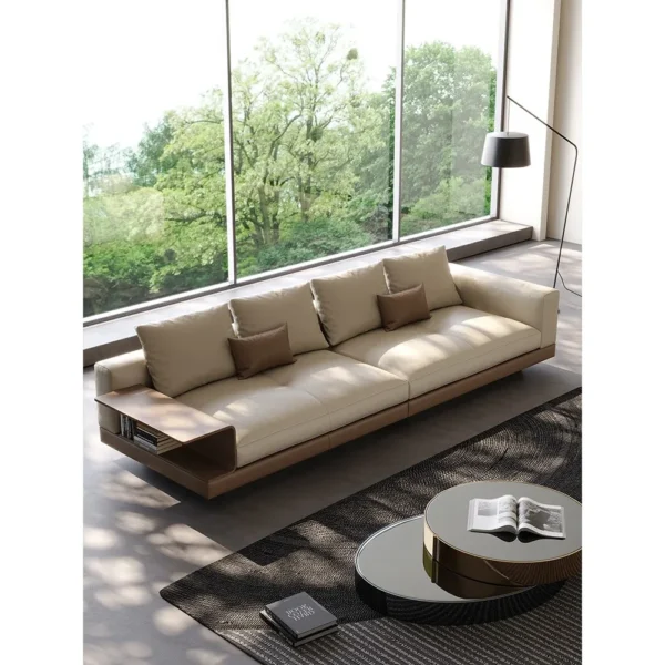 Connelly Full-Grain Leather Sofa with Flip-Top Side Panels in oatmeal — in a room setting