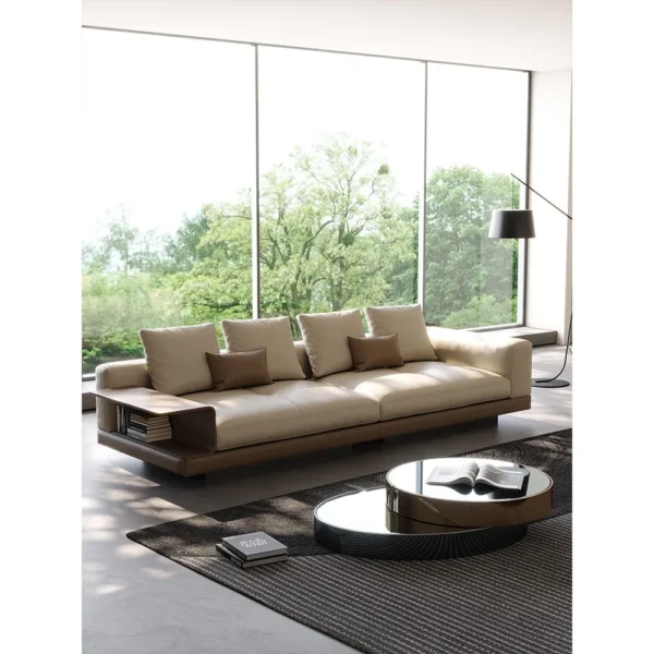 Connelly Full-Grain Leather Sofa with Flip-Top Side Panels in oatmeal — in a room setting