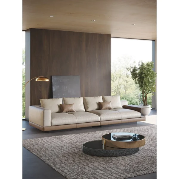 Connelly Full-Grain Leather Sofa with Flip-Top Side Panels in oatmeal — in a room setting