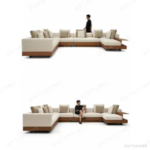 Connelly Modular Sofa in Cream Fabric with Tan Leather Base — in a room setting
