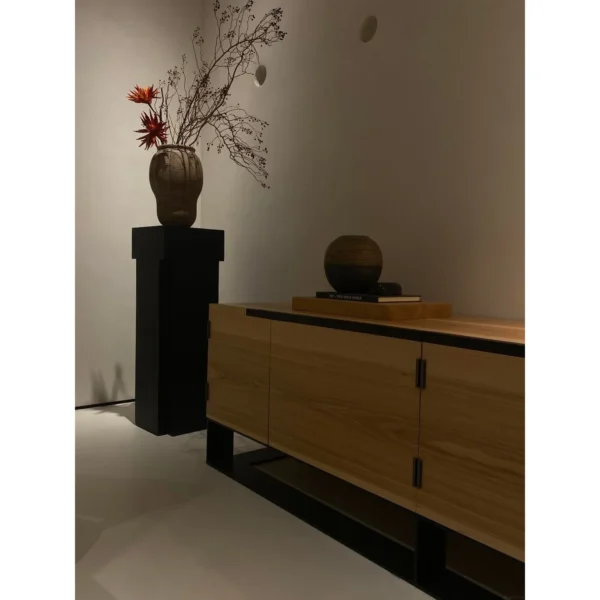 Connetable Low Hickory Sideboard on Black Steel Base in natural oak — in a room setting