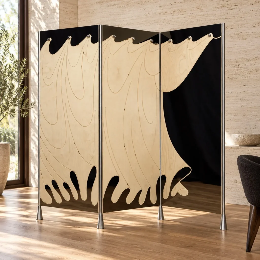 Fluid Wave Birch Folding Screen on Steel Posts in natural oak — front view