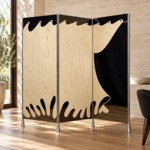 Fluid Wave Birch Folding Screen on Steel Posts in natural oak — front view