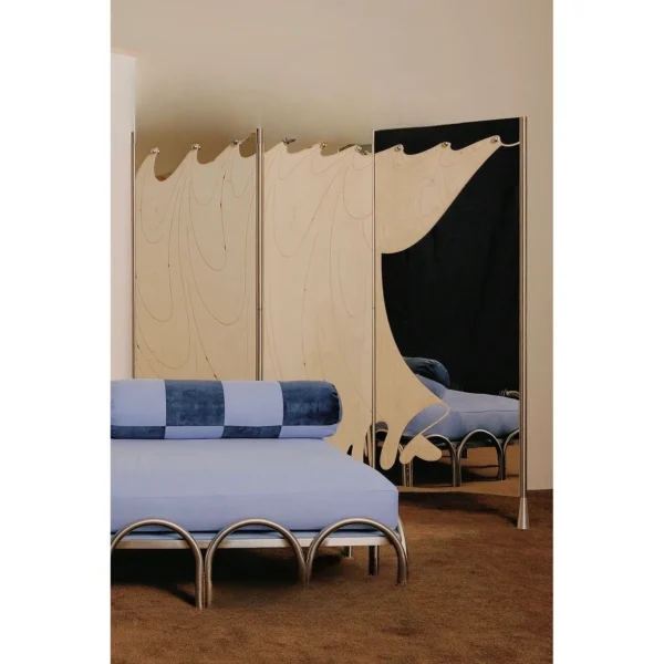 Fluid Wave Birch Folding Screen on Steel Posts in natural oak — in a room setting