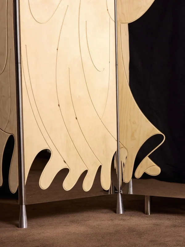 Fluid Wave Birch Folding Screen on Steel Posts in natural oak — in a room setting