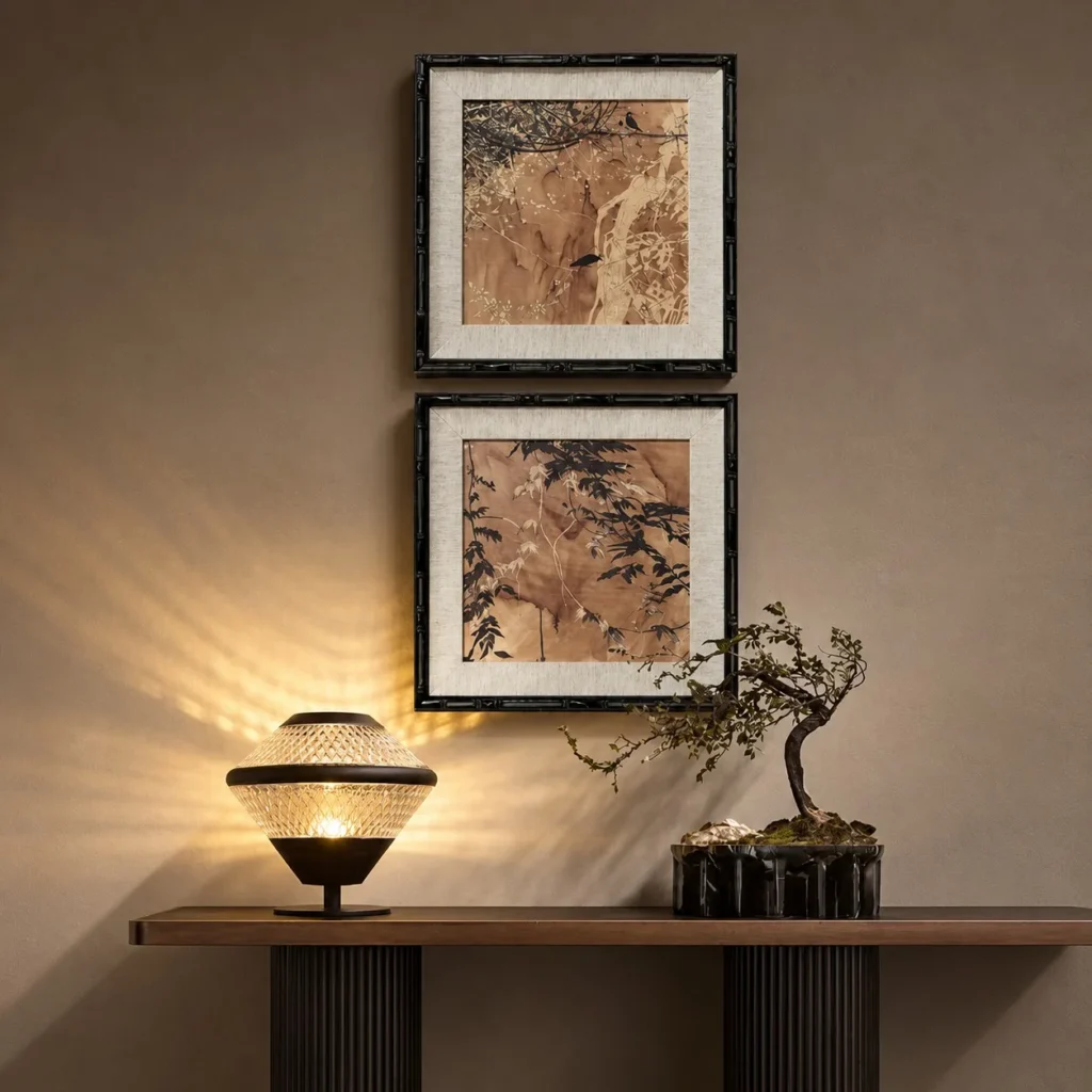 Bamboo Framed Ink Landscape Wall Art Set of 2 in clay — front view
