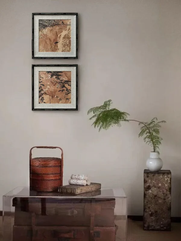 Bamboo Framed Ink Landscape Wall Art Set of 2 in clay — in a room setting
