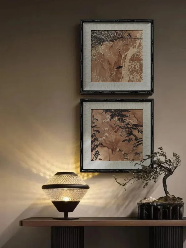 Bamboo Framed Ink Landscape Wall Art Set of 2 in clay — in a room setting
