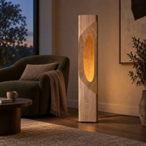 Roman Travertine Illuminated Totem Floor Sculpture in sand — front view