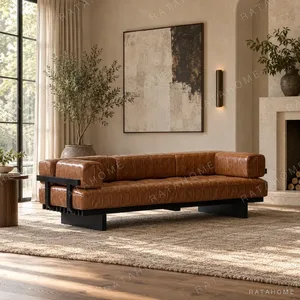 Cognac Leather Modernist Daybed Sofa on Ash Frame, 240 cm in clay — in a room setting