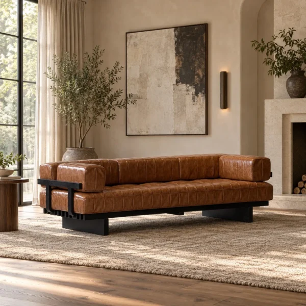 Cognac Leather Modernist Daybed Sofa on Ash Frame, 240 cm in clay — in a room setting