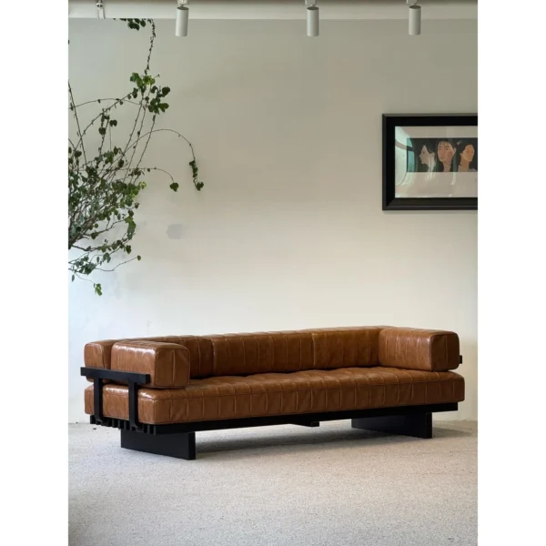 Cognac Leather Modernist Daybed Sofa on Ash Frame, 240 cm in clay — in a room setting
