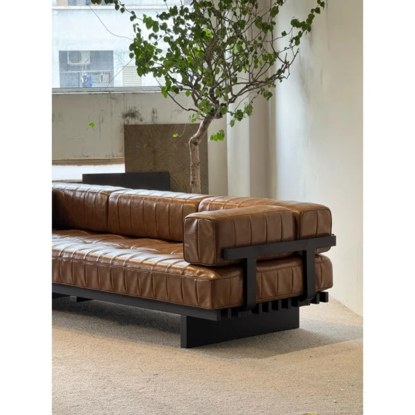 Cognac Leather Modernist Daybed Sofa on Ash Frame, 240 cm in clay — in a room setting