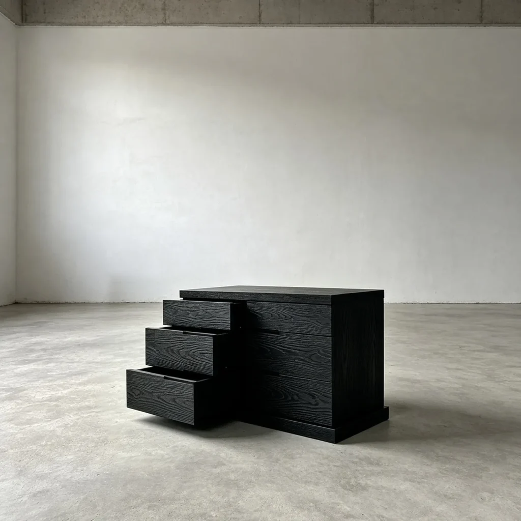 Black Oak Stepped Cabinet with Drawers, 115 cm in black — front view