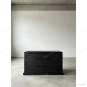 Black Oak Stepped Cabinet with Drawers, 115 cm in black — in a room setting