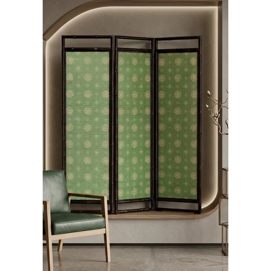 Green Patterned Three-Panel Folding Screen in olive — front view