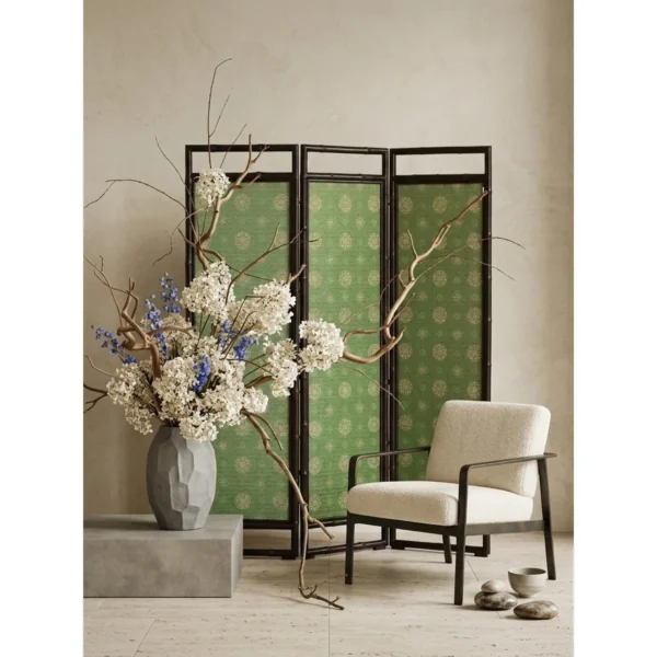 Green Patterned Three-Panel Folding Screen in olive — in a room setting