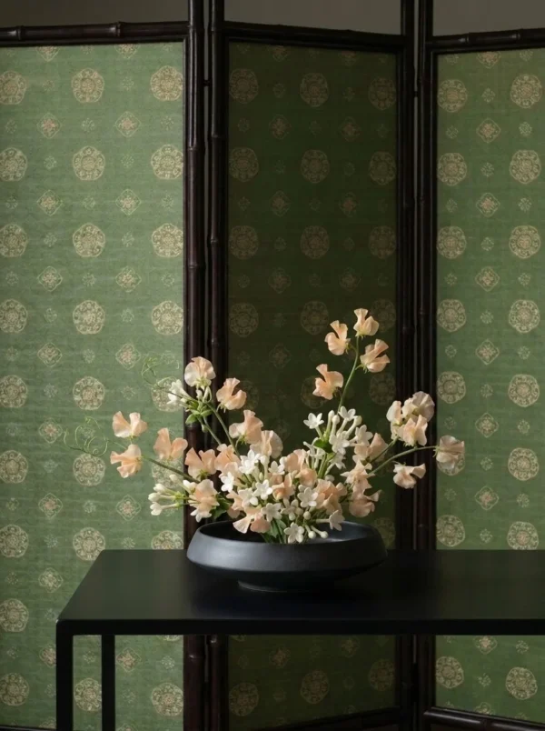 Green Patterned Three-Panel Folding Screen in olive — in a room setting