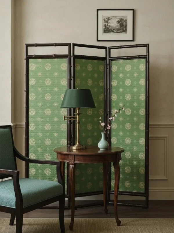 Green Patterned Three-Panel Folding Screen in olive — in a room setting