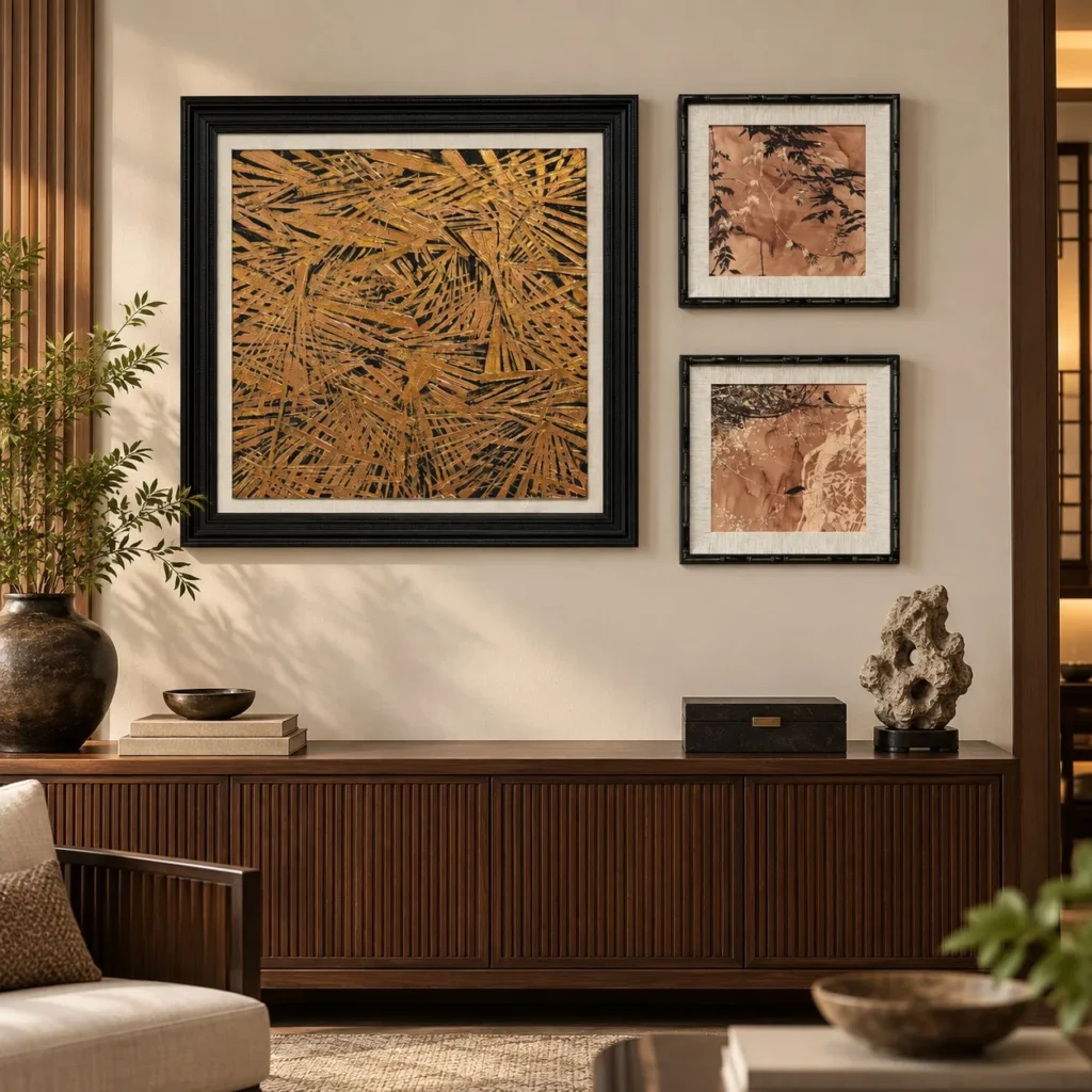 Gold Palm Wall Art Set of 3, 45 x 45 cm Companions in brushed brass — front view