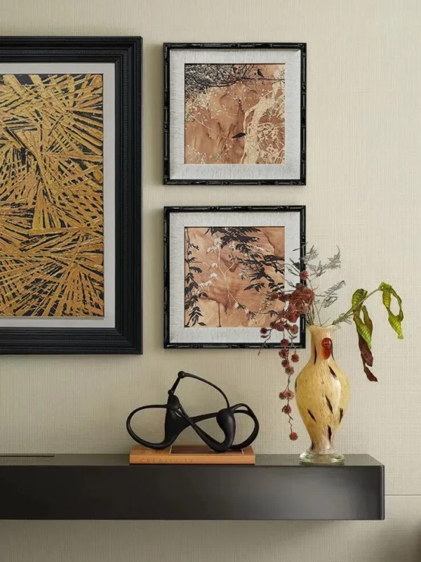 Gold Palm Wall Art Set of 3, 45 x 45 cm Companions in brushed brass — in a room setting