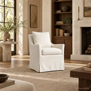 Cotton Linen Slipcovered Armchair in Off-White, 71 cm — in a room setting
