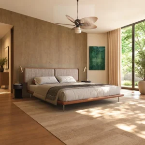 Mid-Century Wraparound Bed in Check Linen with Leather Edge — front view